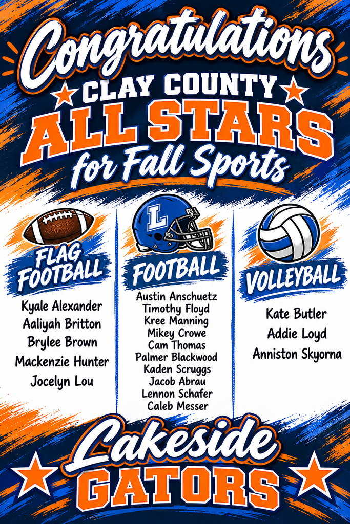 Poster displays three sports: football, flag football, volleyball. Each has an image of a ball and player's name.