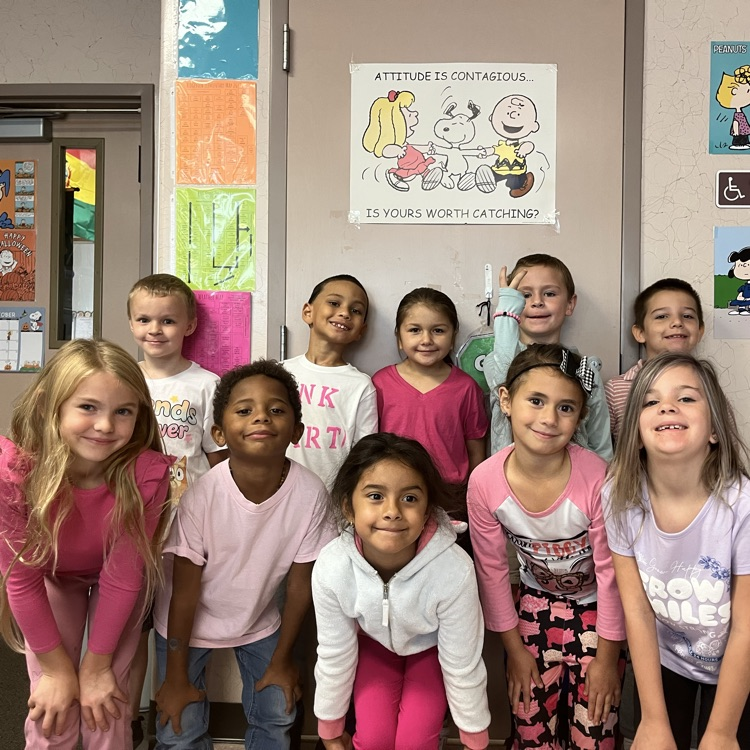 Nine students wearing pink and white shirts pose for a photo in front of a wall.