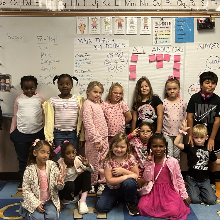 Group of students, some in pink, standing and sitting on a carpet in a classroom.