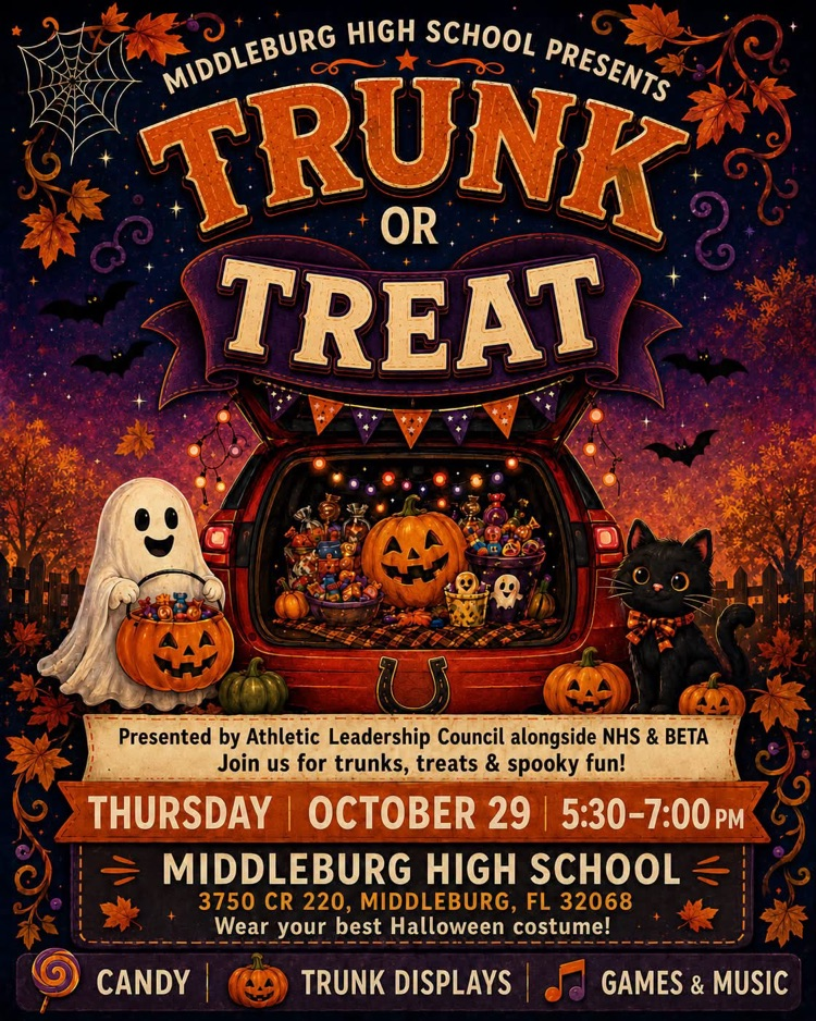 Halloween-themed poster for Middleburg High School. Ghost, pumpkins, and cat in trunk. "Trunk or Treat" text, date, time, and school address.