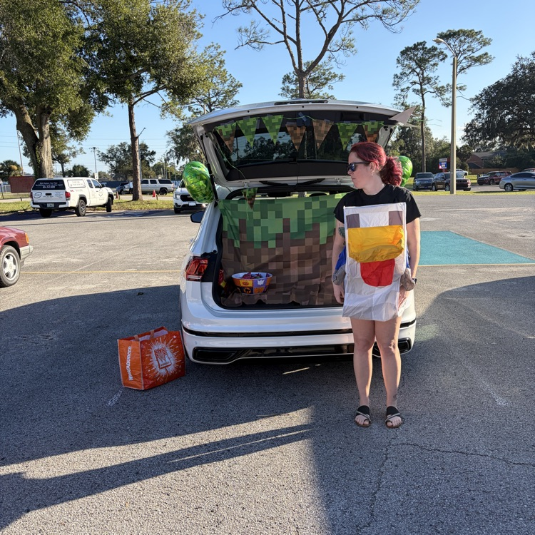 Woman in Minecraft-themed costume stands by car with trunk open, bags of food in front.