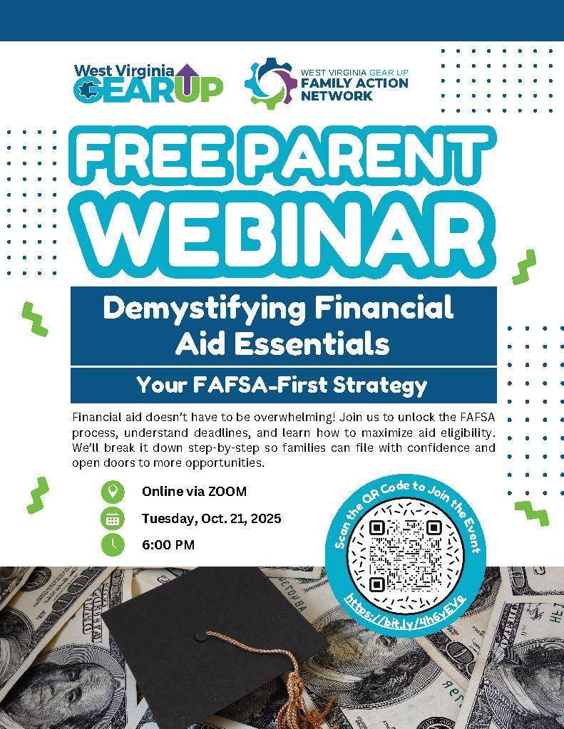 Free Parent Webinar for Help with FASFA Process. QR code included