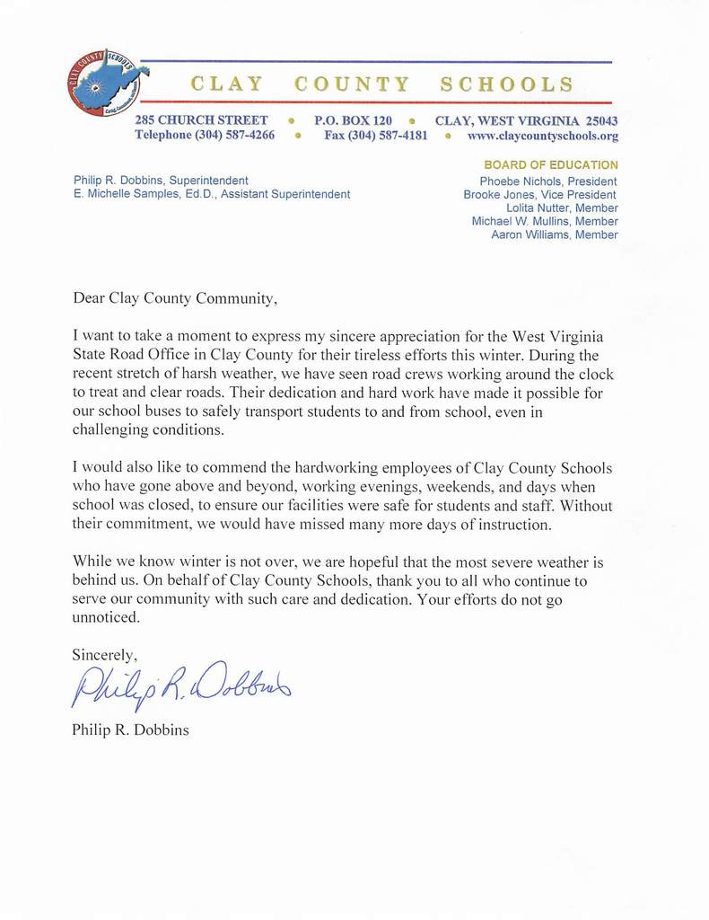 Letter of Appreciation for WV State Road Workers and CCS Employees during the recent winter weather