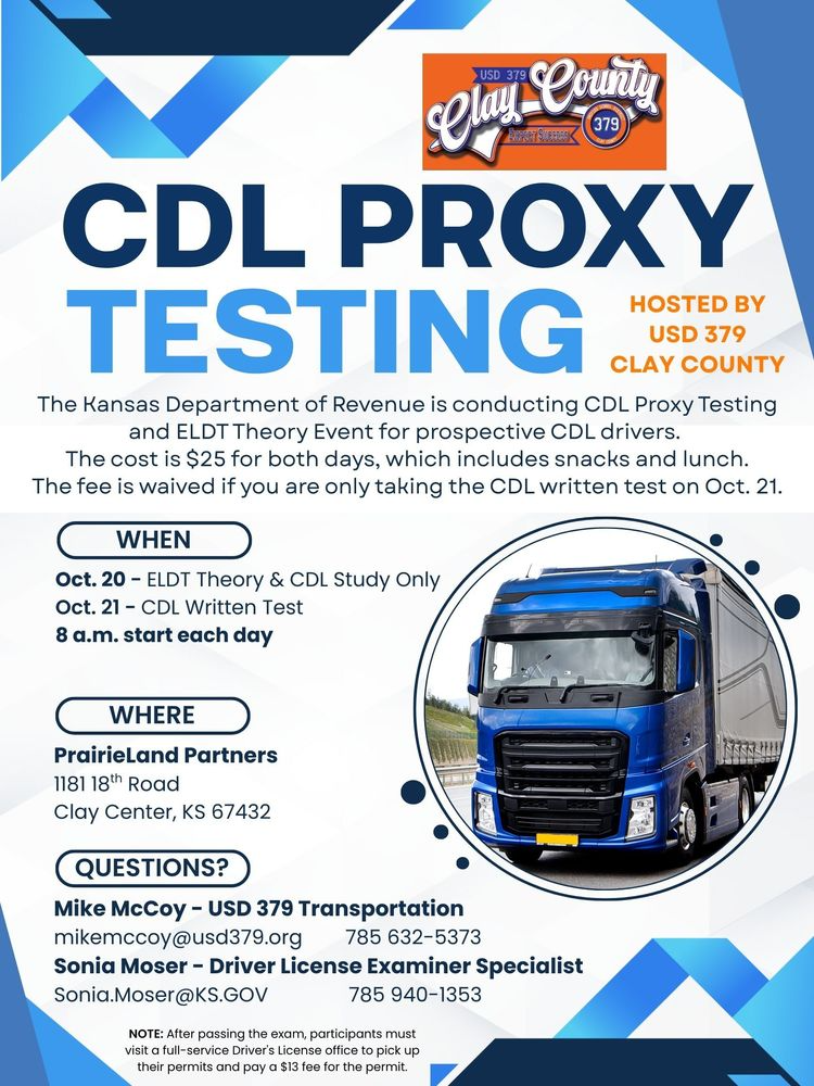 Did you know that three CCCHS seniors completed their Commercial Driver's License through USD 379 last spring, and three CCCHS teachers completed their CDL training this summer and have been cleared to drive buses to events and activities?  USD 379 has made it a priority to find ways to promote and even host these opportunities. One of these opportunities is coming up Oct. 20-21!