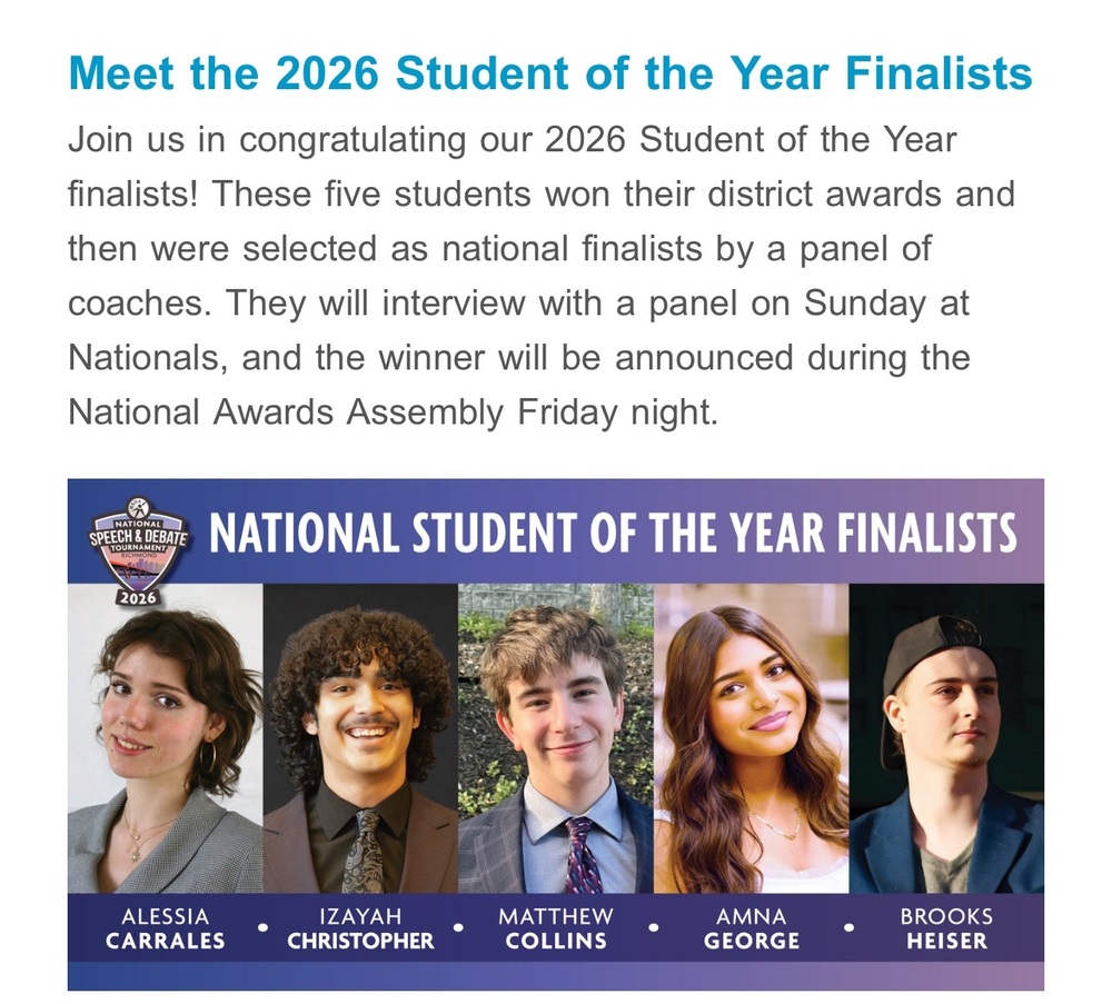 CCCHS graduate Alessia Carrales selected as a finalist for the 2026 William Woods Tate, Jr., National Student of the Year Award. From more than 140,000 NSDA members, only six students are selected as finalists for this award.