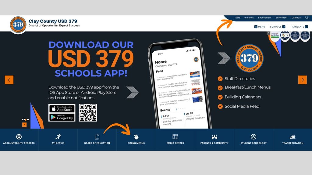 Breakfast and lunch menus are now online! There are two ways to view them from the USD 379 homepage (see arrows), and you can also access them from the USD 379 app. Nutrislice is once again our food service program. If you have questions, please contact Dining Services Director Joy Lund at fs.joylund@usd379.org. #celebrate379