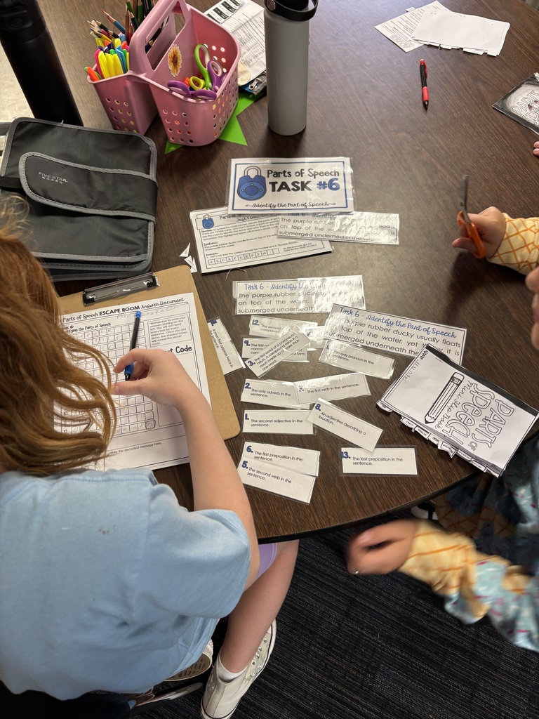 In preparation for curricular tasks starting next week, Mrs. Crabtree's WMS ELA classes are competing in an escape room to review parts of speech. They worked in teams to crack the secret code as fast as possible: “The adjective is the banana peel of the parts of speech.” #celebrate379