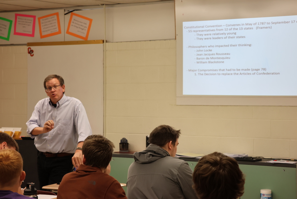 History/Government teacher Tyler Nelson entered his 40th year at USD 379 this year! He is always a wealth of knowledge when it comes to United States history. Today, he lectured on the Major Compromises that had to be made as part of the Constitution. #celebrate379