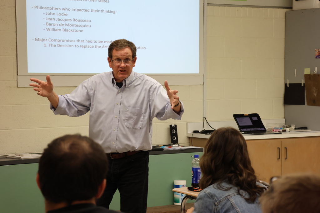 History/Government teacher Tyler Nelson entered his 40th year at USD 379 this year! He is always a wealth of knowledge when it comes to United States history. Today, he lectured on the Major Compromises that had to be made as part of the Constitution. #celebrate379