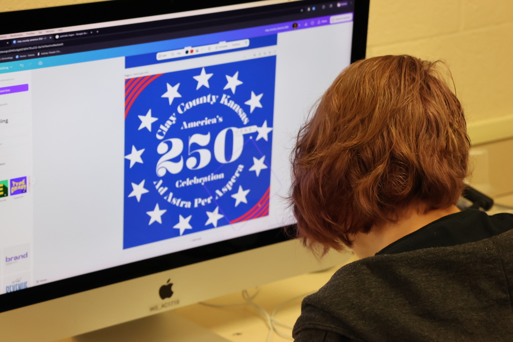 Ms. Bergmeier's Graphic Design students are in the middle of working on promotional materials for the Clay County America 250 celebration, sponsored by the Clay County Historical Society and Museum. It's real-world experience for a good cause! #celebrate379