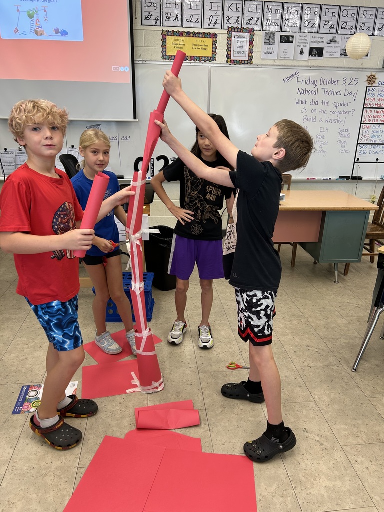 Mr. Yenni's 5th graders had a great time working together during a recent Leader in Me lesson on Habit #5: Synergize. Students worked in groups in a competition to build towers with just paper and tape. Students were excited to share ideas and collaborate! LIM lessons are taught regularly throughout the school. #celebrate