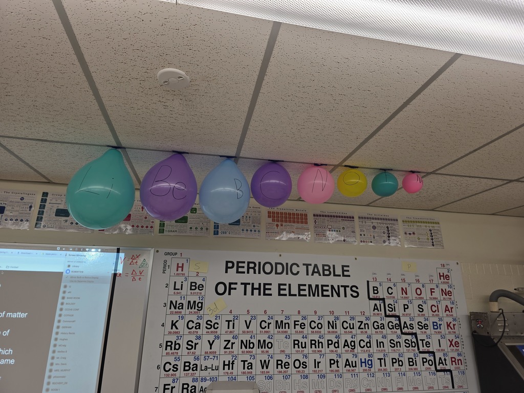 Yesterday, Mr Roberts' Chemistry students discussed the Periodic table and trends that happen as you move across the table. To help visualize this concept, students blew up balloons to represent the sizes of each element as they moved across the periodic table. #celebrate379