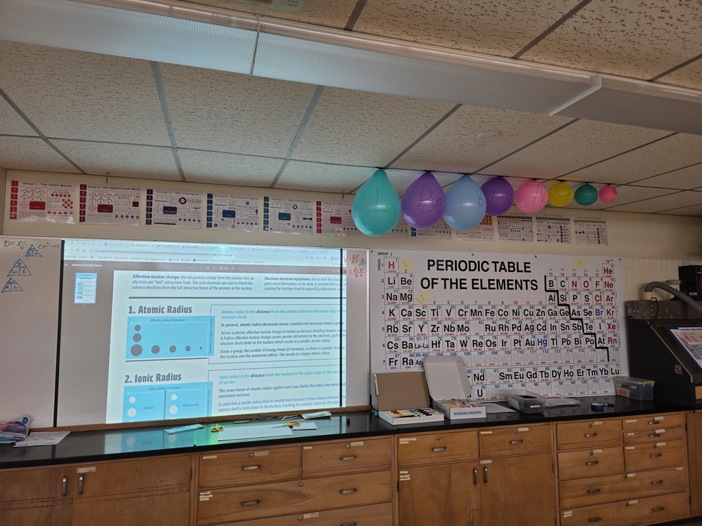 Yesterday, Mr Roberts' Chemistry students discussed the Periodic table and trends that happen as you move across the table. To help visualize this concept, students blew up balloons to represent the sizes of each element as they moved across the periodic table. #celebrate379