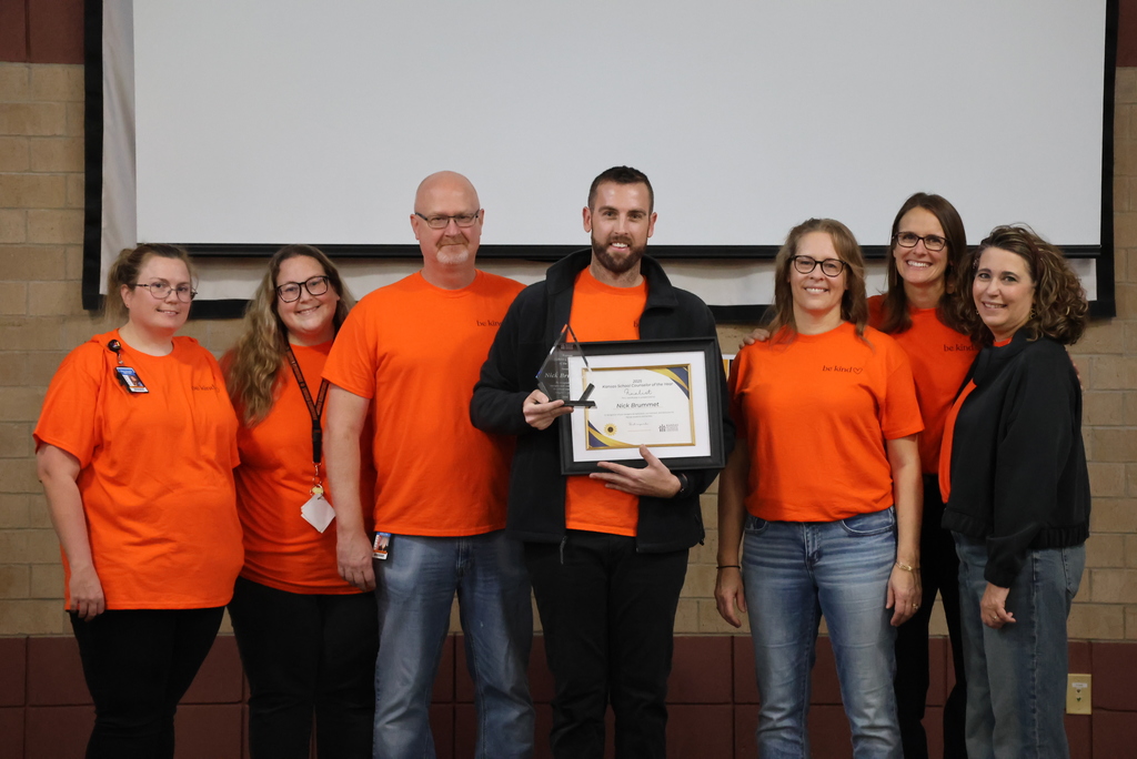 HUGE NEWS FROM CCCMS AND USD 379!  Mr. Brummett was surprised this morning by friends, family, and Dr. Lyndsey Brown as the Kansas School Counseling Association Counselor of the year for the state of Kansas! He was first announced as one of three finalists for the award (which only a handful of 379 people knew), but then was announced as the winner (which nobody knew)!   Nobody cares more about kids than Mr. Brummett, so he is extremely deserving of this award. CCCMS and USD 379 are honored to have the best counselor in the state right here in Clay Center! #celebrate379