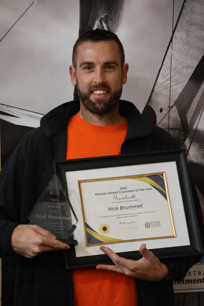 HUGE NEWS FROM CCCMS AND USD 379!  Mr. Brummett was surprised this morning by friends, family, and Dr. Lyndsey Brown as the Kansas School Counseling Association Counselor of the year for the state of Kansas! He was first announced as one of three finalists for the award (which only a handful of 379 people knew), but then was announced as the winner (which nobody knew)!   Nobody cares more about kids than Mr. Brummett, so he is extremely deserving of this award. CCCMS and USD 379 are honored to have the best counselor in the state right here in Clay Center! #celebrate379