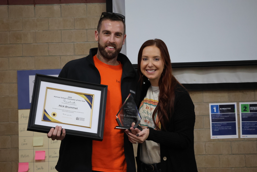 HUGE NEWS FROM CCCMS AND USD 379!  Mr. Brummett was surprised this morning by friends, family, and Dr. Lyndsey Brown as the Kansas School Counseling Association Counselor of the year for the state of Kansas! He was first announced as one of three finalists for the award (which only a handful of 379 people knew), but then was announced as the winner (which nobody knew)!   Nobody cares more about kids than Mr. Brummett, so he is extremely deserving of this award. CCCMS and USD 379 are honored to have the best counselor in the state right here in Clay Center! #celebrate379