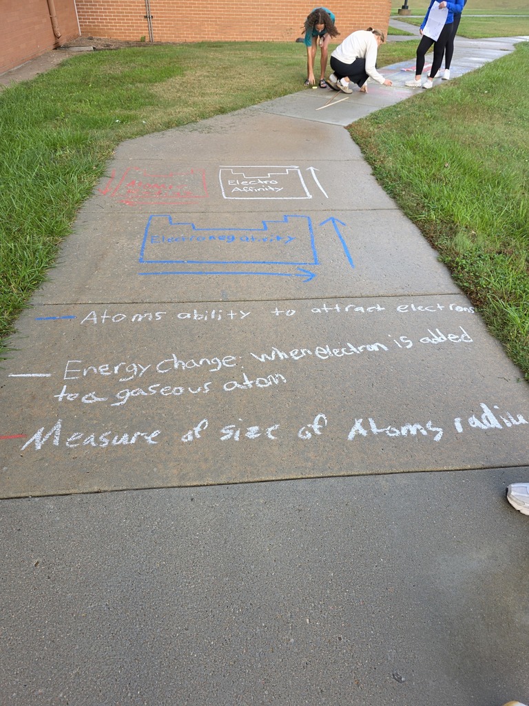 Mr. Roberts' chemistry students avoided the rain this morning and made sidewalk chalk artwork to help them visualize the periodic trends and atomic theory. #celebrate379