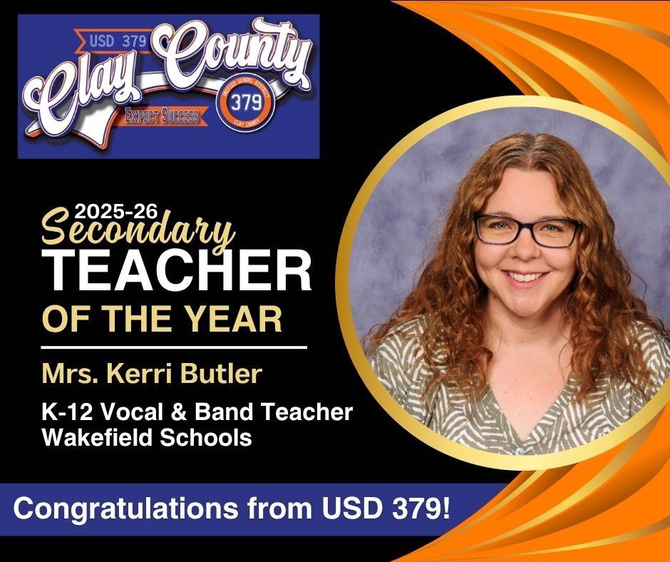 BIG NEWS FROM WAKEFIELD SCHOOLS!  Today, Mr. Nelson, Mrs. Pfizenmaier, and Mr. Moneypenny surprised K-12 vocal and music teacher Kerri Butler with the announcement that she was named the USD 379 Secondary Teacher of the Year! Mrs. Butler will now have the opportunity to compete for the Kansas Teacher of the Year award. A great honor for a great teacher and person! #celebrate379