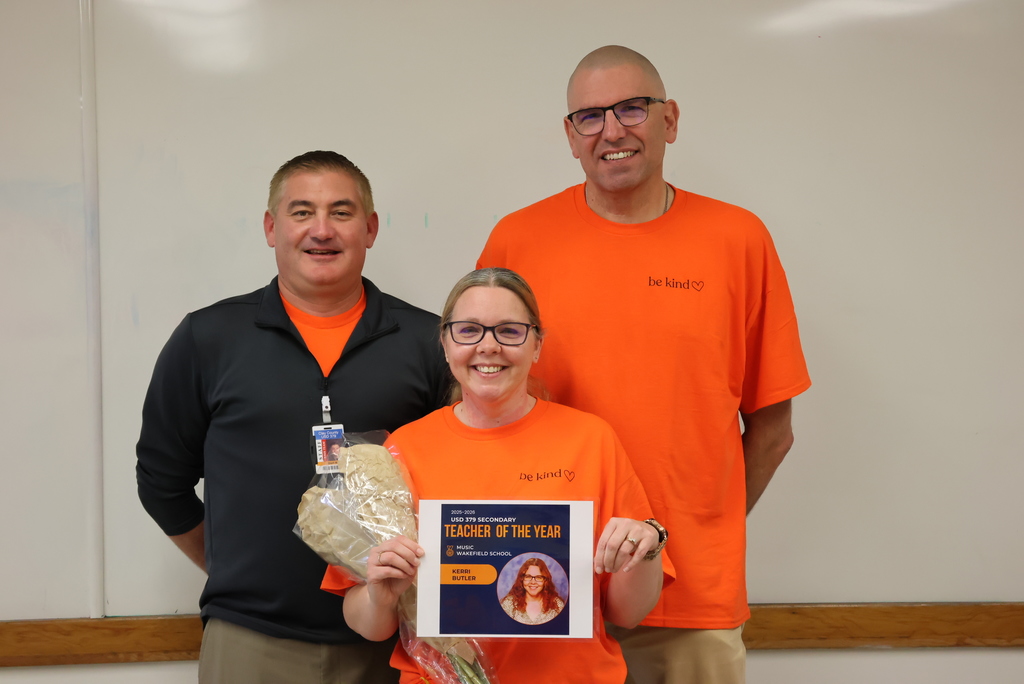BIG NEWS FROM WAKEFIELD SCHOOLS!  Today, Mr. Nelson, Mrs. Pfizenmaier, and Mr. Moneypenny surprised K-12 vocal and music teacher Kerri Butler with the announcement that she was named the USD 379 Secondary Teacher of the Year! Mrs. Butler will now have the opportunity to compete for the Kansas Teacher of the Year award. A great honor for a great teacher and person! #celebrate379