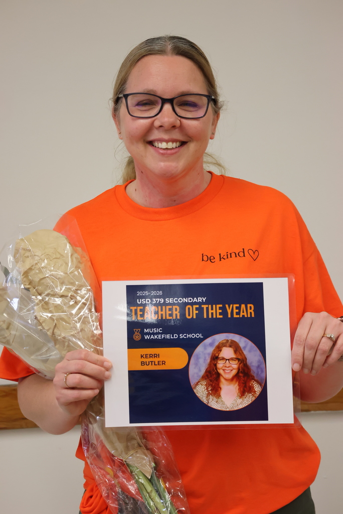 BIG NEWS FROM WAKEFIELD SCHOOLS!  Today, Mr. Nelson, Mrs. Pfizenmaier, and Mr. Moneypenny surprised K-12 vocal and music teacher Kerri Butler with the announcement that she was named the USD 379 Secondary Teacher of the Year! Mrs. Butler will now have the opportunity to compete for the Kansas Teacher of the Year award. A great honor for a great teacher and person! #celebrate379