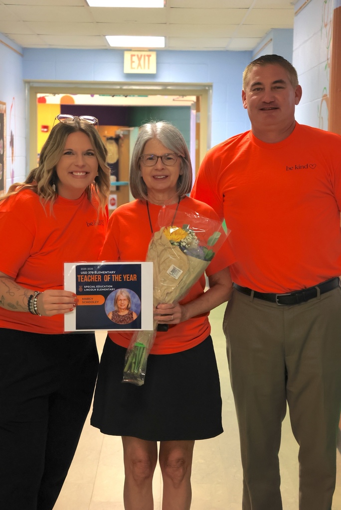 BIG NEWS FROM LINCOLN ELEMENTARY! Today, Mr. Nelson, Mrs. Lane, and Ms. Coughlin surprised special education teacher Marcy Schooley with the announcement that she was named the USD 379 Elementary (grades Pre-K-5) Teacher of the Year! She will now have the opportunity to compete for the Kansas Teacher of the Year award.  Mrs. Schooley has been in education for 43 years and has impacted literally thousands of students over her teaching career.  Congratulations from Lincoln Elementary and USD 379!  #celebrate379