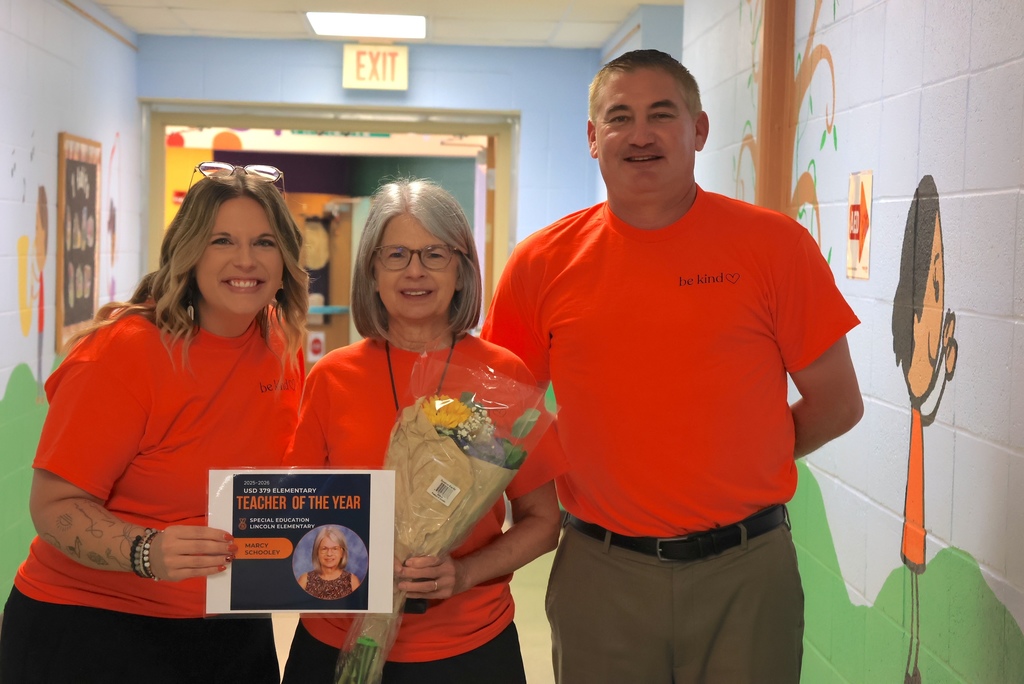 BIG NEWS FROM LINCOLN ELEMENTARY! Today, Mr. Nelson, Mrs. Lane, and Ms. Coughlin surprised special education teacher Marcy Schooley with the announcement that she was named the USD 379 Elementary (grades Pre-K-5) Teacher of the Year! She will now have the opportunity to compete for the Kansas Teacher of the Year award.  Mrs. Schooley has been in education for 43 years and has impacted literally thousands of students over her teaching career.  Congratulations from Lincoln Elementary and USD 379!  #celebrate379