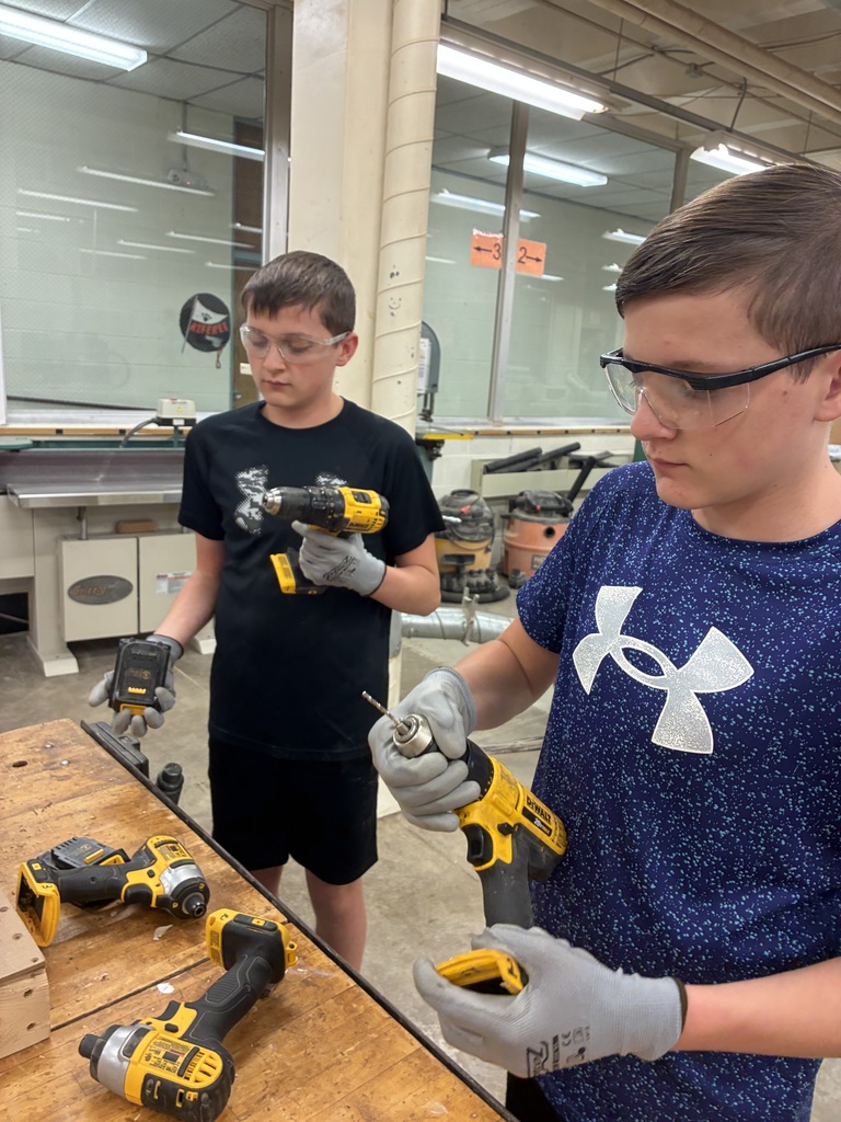 Mrs. Schooley's Industrial Arts students are continuing their initial training by learning how to use drillers and Impact drills. They practiced drilling pilot holes, installing screws, and removing screws.  #celebrate379