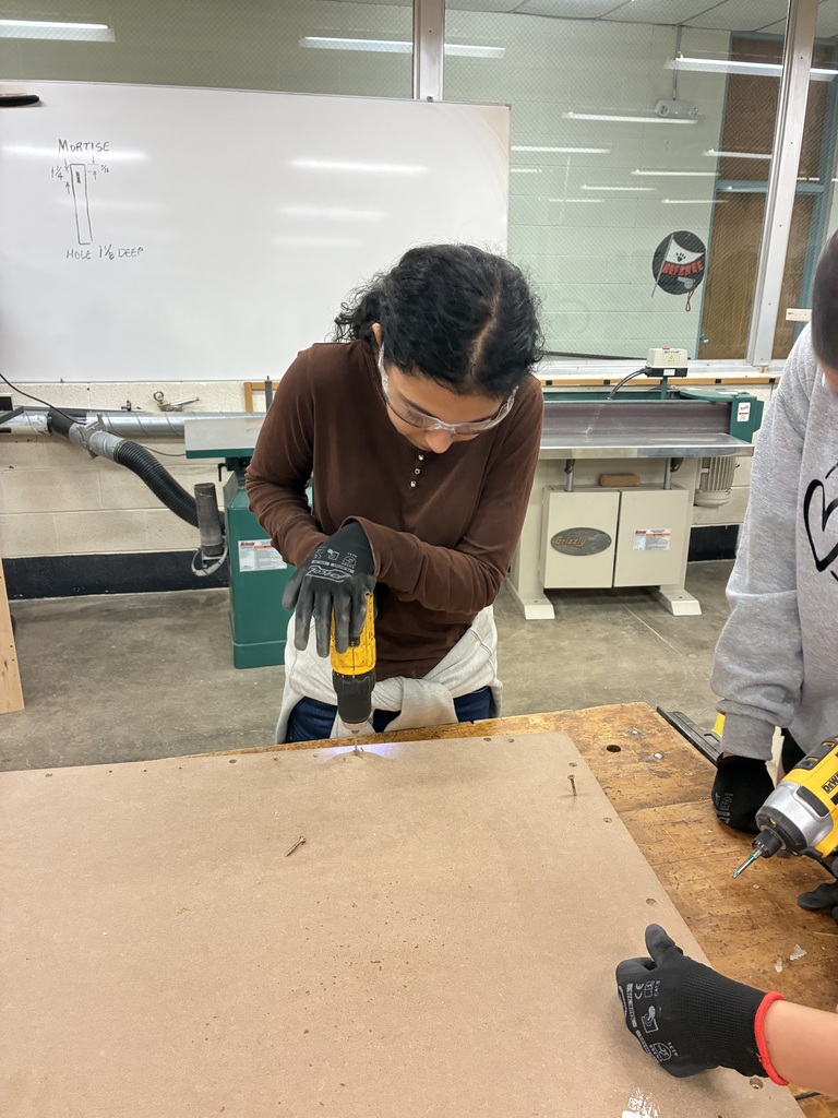 Mrs. Schooley's Industrial Arts students are continuing their initial training by learning how to use drillers and Impact drills. They practiced drilling pilot holes, installing screws, and removing screws.  #celebrate379