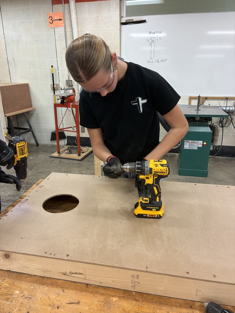 Mrs. Schooley's Industrial Arts students are continuing their initial training by learning how to use drillers and Impact drills. They practiced drilling pilot holes, installing screws, and removing screws.  #celebrate379