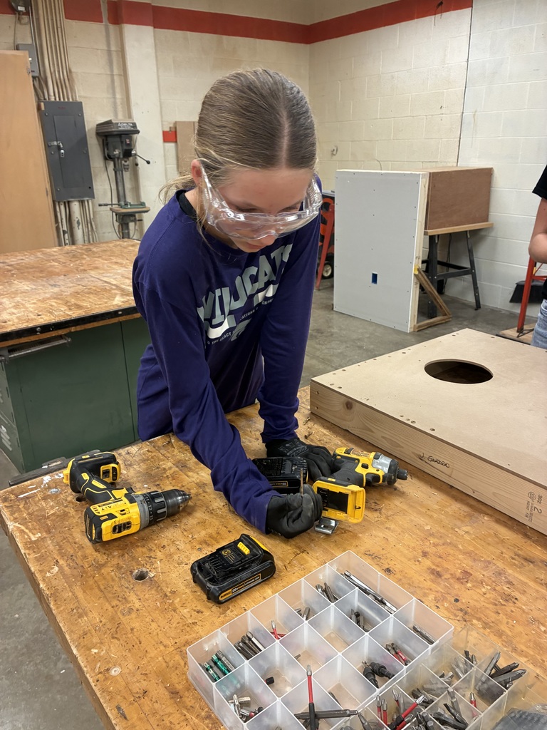 Mrs. Schooley's Industrial Arts students are continuing their initial training by learning how to use drillers and Impact drills. They practiced drilling pilot holes, installing screws, and removing screws.  #celebrate379