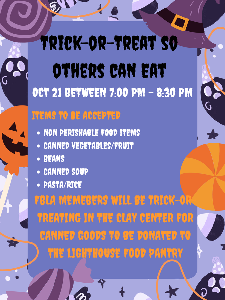 Tomorrow night, from 7:00-8:30 p.m., FBLA members will be trick-or-treating for canned goods to be donated to the Lighthouse local food pantry. After they leave, they will place a sticky note on your door. This is our system to try to avoid multiple groups going to the same house. Acceptable items are listed below. Thank you for supporting our cause! #celebrate379