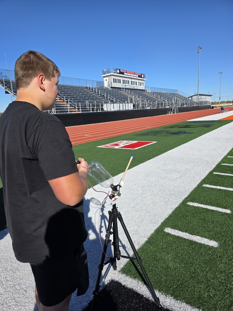 Today, students in Mr. Roberts' Integrated Science class tested the rockets they built by conducting launch tests on the football field. The air-powered rockets traveled up to 82.5 yards!!! It was a great lesson on projectile motion. #celebrate379