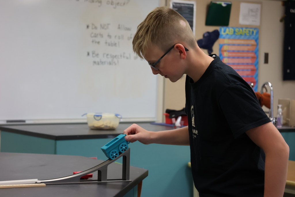 Mrs. Pfizenmaier's 8th grade science classes are working on measuring speed and kinetic energy. This included an experiment where they tested slope with a vehicle and a track. #celebrate379