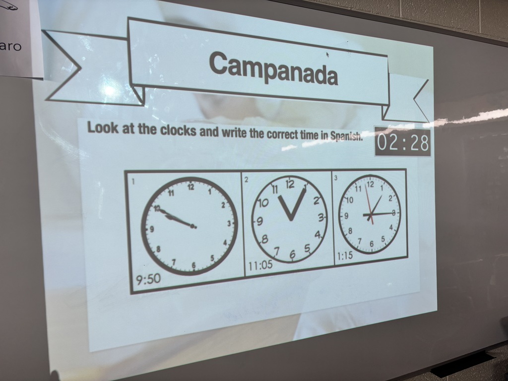 Mrs. Hughes starts most days with a "bell ringer" activity for her Spanish II class. Today, they used Schoology to review how to say the correct time in Spanish. They also used Blooket to race against each other to answer questions about daily routines. #celebrate379