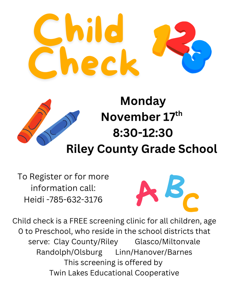 Missed the Clay Center Child Check screening but still need one for your child? Bring them to Riley County Grade School on Nov. 17! #celebrate379