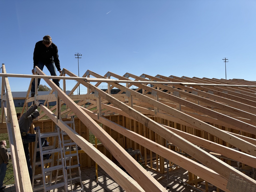 Mr. Pfizenmaier's construction tech students worked on installing the trusses to the Tiger House last week. This house is still available to purchase. Go to https://www.usd379.org/o/usd-379/page/tiger-house to see more details. #celebrate379