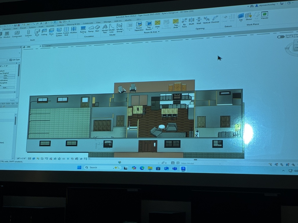 Some of Mrs. Schooley's CAD students have been creating mock-up interior and exterior designs for this year's Tiger House floor plan. This is a key skill to learn if they want to continue a path to architecture, building trades, etc. #celebrate379