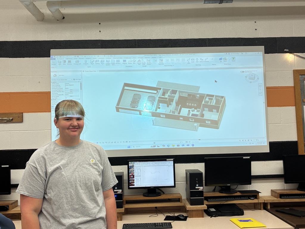 Some of Mrs. Schooley's CAD students have been creating mock-up interior and exterior designs for this year's Tiger House floor plan. This is a key skill to learn if they want to continue a path to architecture, building trades, etc. #celebrate379