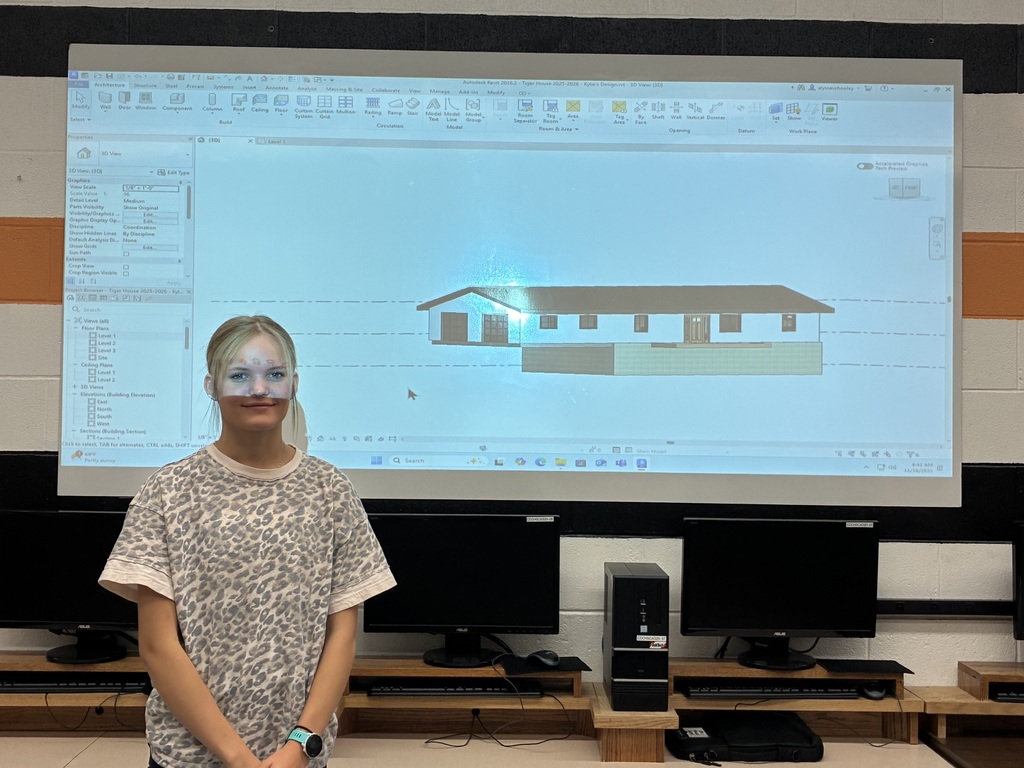 Some of Mrs. Schooley's CAD students have been creating mock-up interior and exterior designs for this year's Tiger House floor plan. This is a key skill to learn if they want to continue a path to architecture, building trades, etc. #celebrate379