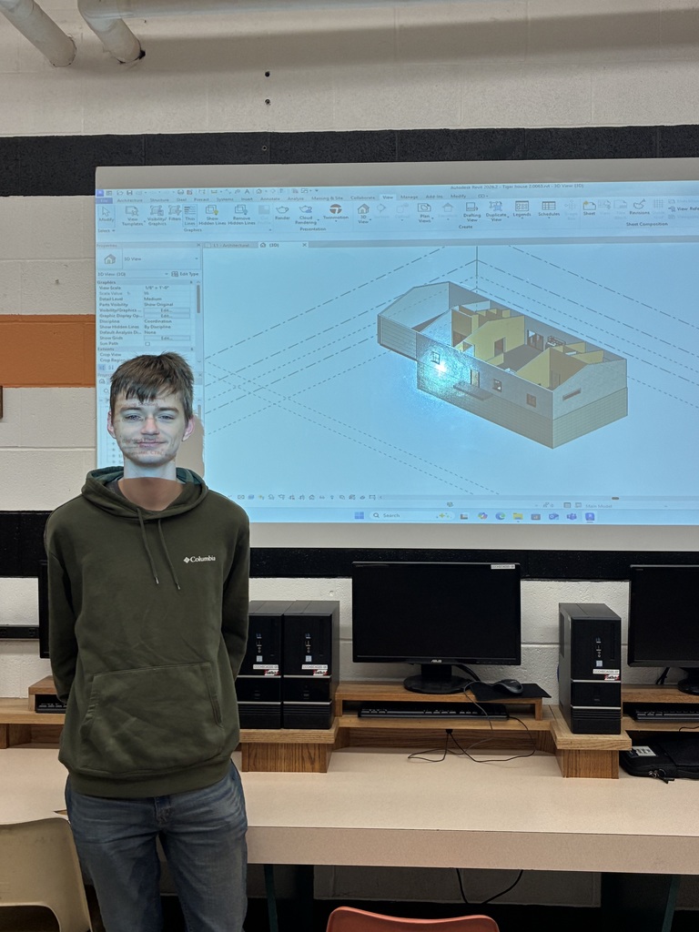 Some of Mrs. Schooley's CAD students have been creating mock-up interior and exterior designs for this year's Tiger House floor plan. This is a key skill to learn if they want to continue a path to architecture, building trades, etc. #celebrate379