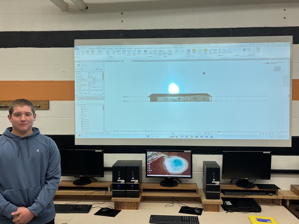 Some of Mrs. Schooley's CAD students have been creating mock-up interior and exterior designs for this year's Tiger House floor plan. This is a key skill to learn if they want to continue a path to architecture, building trades, etc. #celebrate379