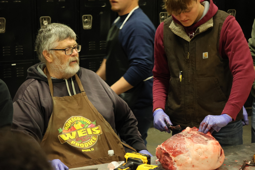 Forget the turkey, Mr. Craig's students were serving up ham this morning!  Schwartz Farms was nice enough to donate a hog for this learning activity, and the Clay Center Locker Plant killed and delivered it whole to the CCCHS Ag garage. After that, it was the students' turn to butcher from whole hog down to all of the parts!  Thanks to Lee Weiss, a retired Ag teacher and FFA advisor, who donated his morning to teach the students all about the butchering process. As you can see, it was a hands-on process!  Some of the pork will be eaten at FFA events, and some will be donated to the Lighthouse. All of it was a great learning experience! #celebrate379