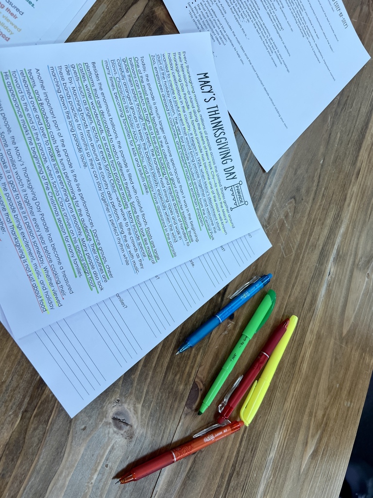 Students in Mrs. Knepper’s class explored the Macy’s Thanksgiving Day Parade in a unique way over the past week!  They watched videos, learned how the giant balloons are made, and read the book Balloons Over Broadway. They then closely examined a nonfiction article about the parade, using colored pencils to underline main ideas, key details, and important traditions. #celebrate379