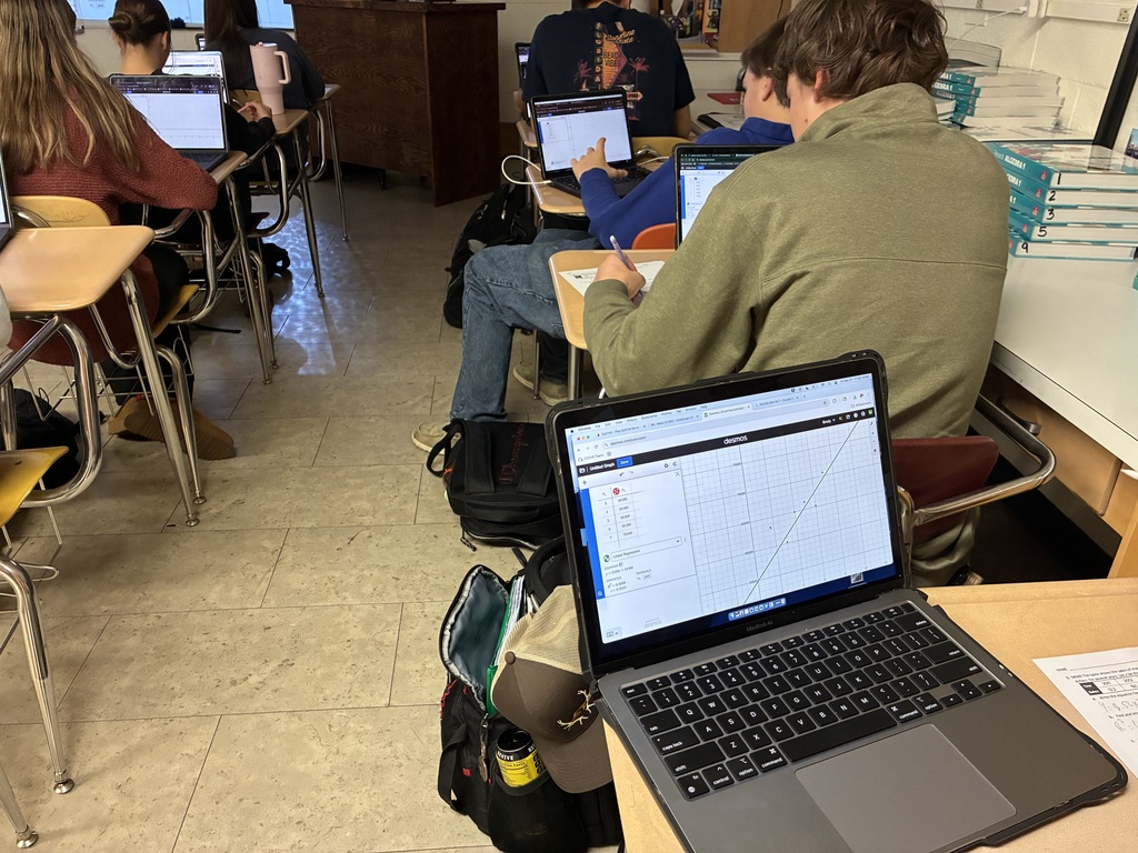 Mr. Schooley's Algebra students have been working on lines, slope, and y-intercept. At the end of this unit, they spent a day using Desmos, an online graphing calculator, to do lines of best fit with real-world problems. Linear regressions are used in many fields to make predictions and improve what companies and teams are using. #celebrate379