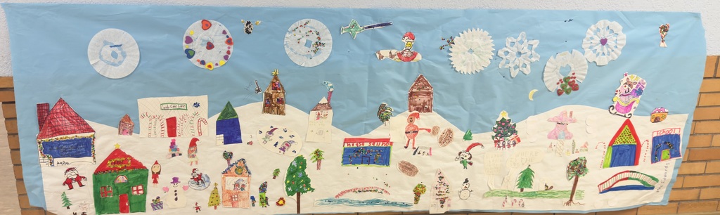 This year 3rd grade students voted whether they (1) wanted to have a traditional art show where each student chooses two of their favorite pieces of art or (2) create collaborative art projects related to the theme of their music concert. The concert theme is "Gnome for the Holidays." They voted for the collaboration! Each class created their own gnome winter village. They had so much fun creating!