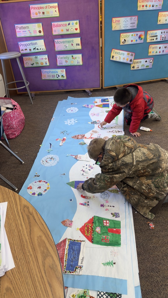 This year 3rd grade students voted whether they (1) wanted to have a traditional art show where each student chooses two of their favorite pieces of art or (2) create collaborative art projects related to the theme of their music concert. The concert theme is "Gnome for the Holidays." They voted for the collaboration! Each class created their own gnome winter village. They had so much fun creating!