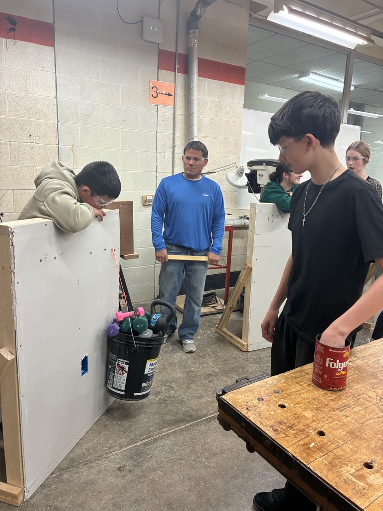 Mrs. Schooley’s Industrial Art students installed different drywall anchors into their "walls" today. Her students and Mr. Pfizenmaier’s Construction Tech students then performed experiments to see how much weight they could hold! #celebrate379