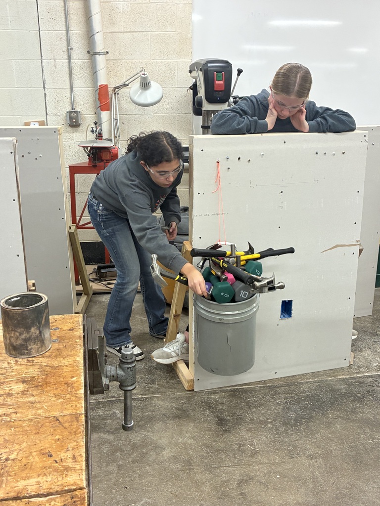 Mrs. Schooley’s Industrial Art students installed different drywall anchors into their "walls" today. Her students and Mr. Pfizenmaier’s Construction Tech students then performed experiments to see how much weight they could hold! #celebrate379