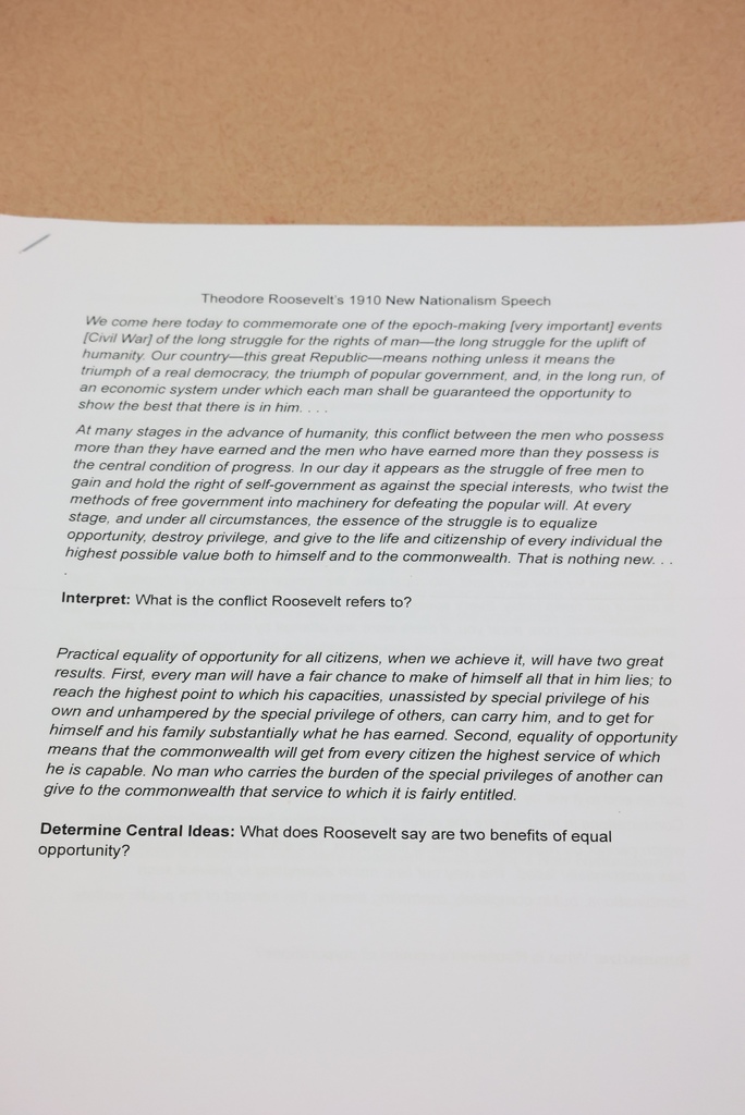 Mr. Seuser's senior U.S. Government class read and interpreted Theodore Roosevelt's 1910 New Nationalism Speech today. The speech, which was read at Osawatomie, Kansas, argued that the federal government must play a strong, active role in regulating the economy to protect the public interest. #celebrate379