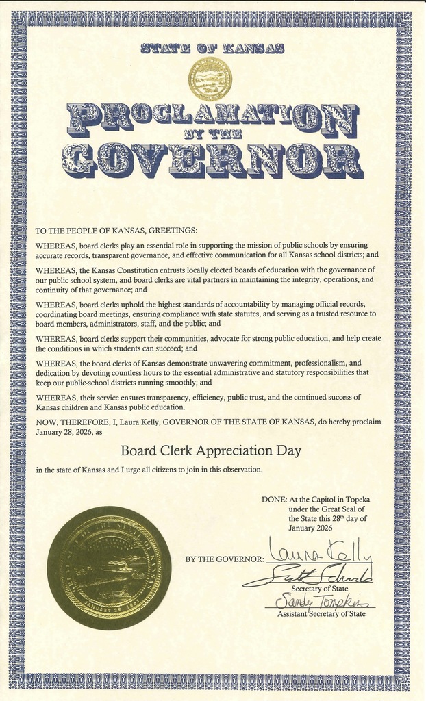 Did you know it is Board Clerk Appreciation Day? Neither did we until the Kansas Association of School Boards made it official today.  We are lucky to have one of the best at USD 379 in August Clark! She is the steady presence behind every meeting, the keeper of process, history, and compliance, and often the quiet bridge between boards, superintendents, staff, and communities. August manages details most never see, navigates tough moments with professionalism, and does it all with care, patience, and integrity.  THANK YOU, August, for all you do! #celebrate379